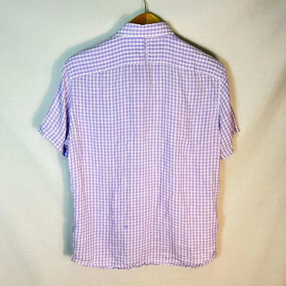 Banana Republic Men's Lavender White Linen Gingham SS Button-Down Shirt Size M
